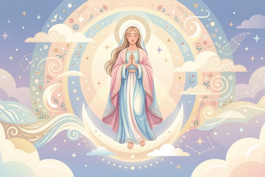 Premier Mystère : L’Immaculée Conception - Marie représentée jeune et lumineuse debout sur un croissant de lune